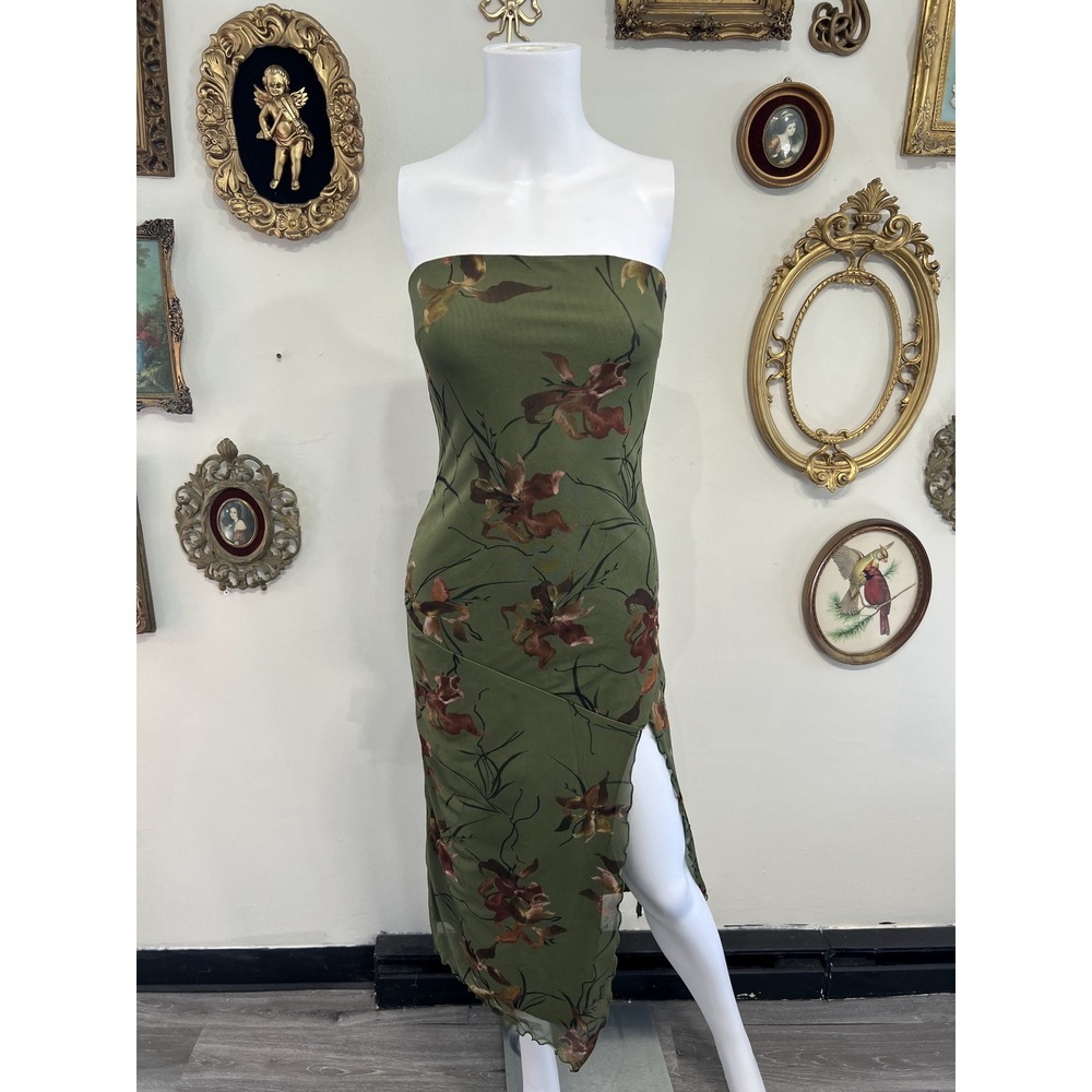 Urban Outfitters Olive Green Floral Print Strapless Mesh Midi Dress Size XS